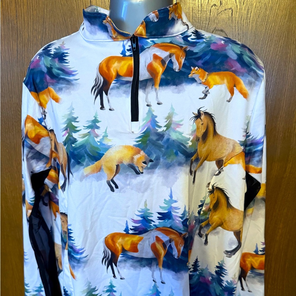 NWOT Muireen Equestrian riding shirt - adorable horses and foxes print!